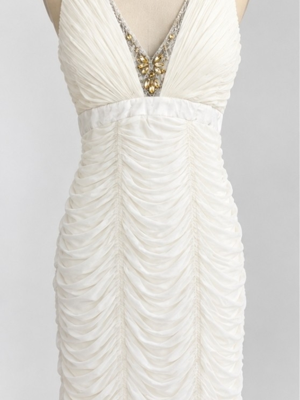 Ruched Cream V-Neck Midi Dress with Beaded Accent